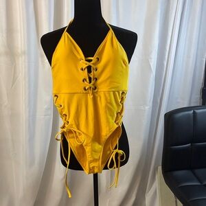 Yellow Lace-Up Halter Swimsuit